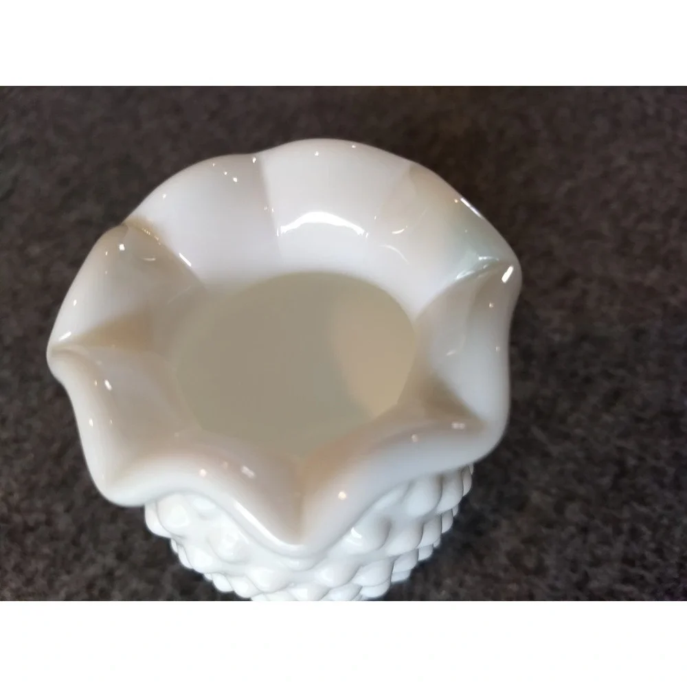 Vintage Fenton White Milk Glass Hobnail Mini Vases Set of 2 Ruffled Crimped Edge